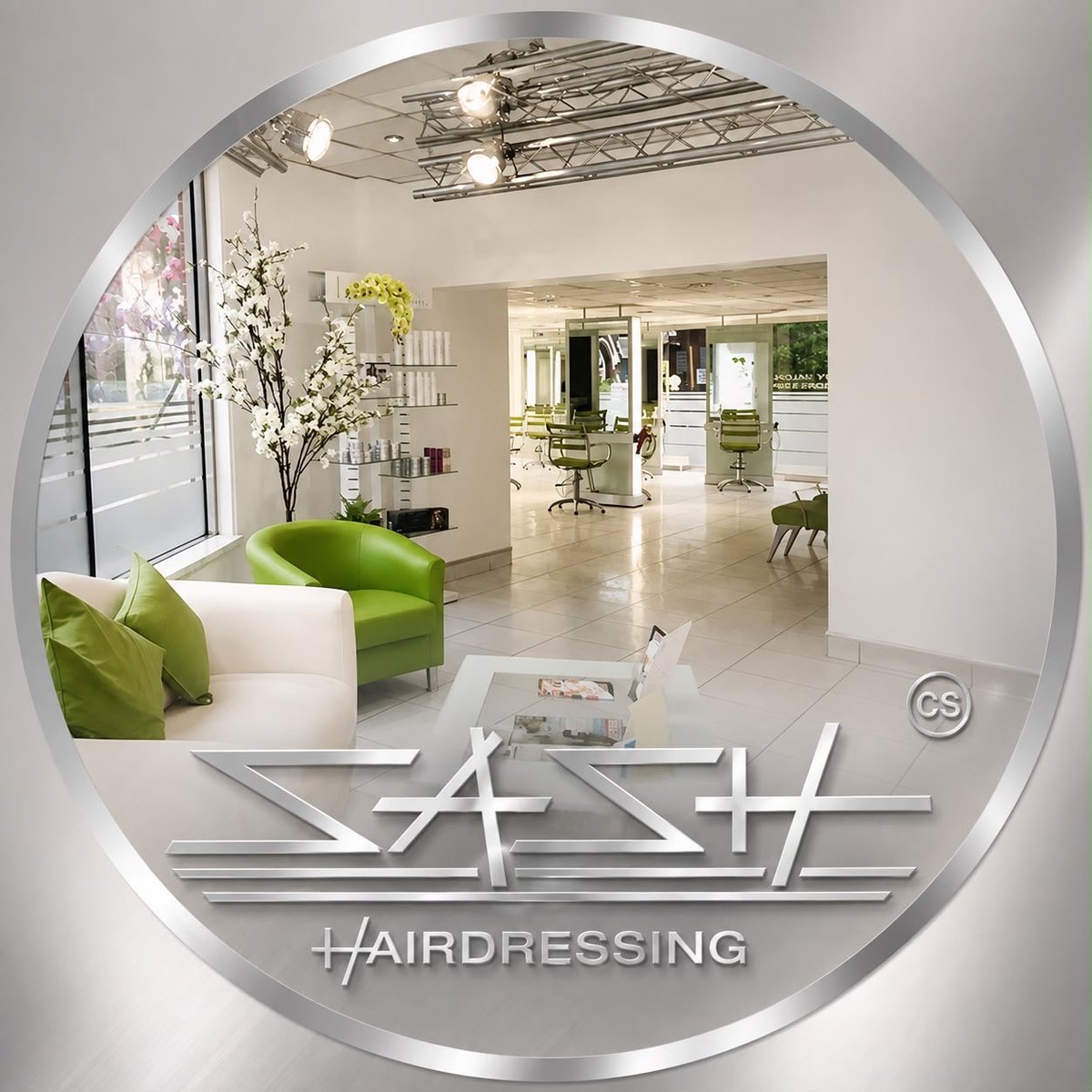 Sash Hairdressing salon interior in Alsager, Cheshire, with the Sash Hairdressing logo